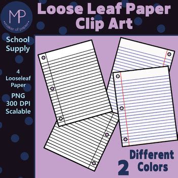 School Supplies: Loose Leaf Paper Clip Art Multicolored and Outline Version