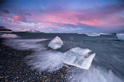 Beautiful Sunset Over Famous Diamond Beach, Iceland. Stock Photo - Image of jokulsarlon ...