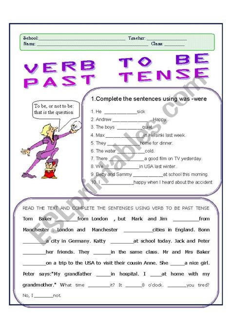 English Worksheets Verb To Be Past Tense