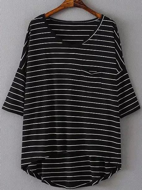 Black V Neck Dip Hem Pocket Stripe T Shirt Shein Sheinside Stylish