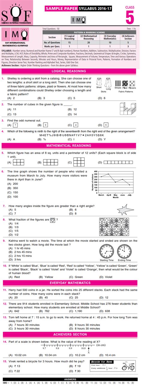 NCO NSO IMO IEO IGKO 2018 2019 Class 5 First Level Sample Papers