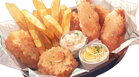 Anime Style Chicken Fried Potatoes Background Fish Fry Picture Clip