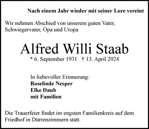 Traueranzeigen Von Alfred Willi Staab Trauerundgedenken De