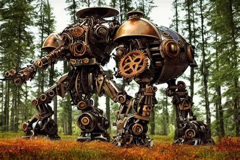 Steampunk Colossal Mech Battlerobot Standing A Swedish Stable