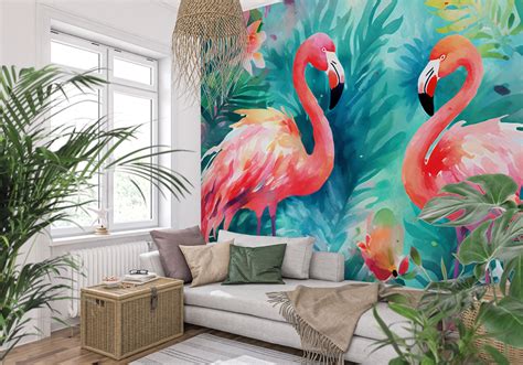 Tropical Flamingo Peel And Stick Mural Flamingo Mural Etsy