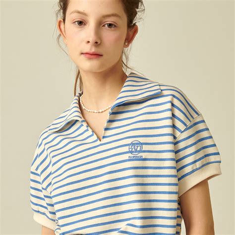 Stripe Collar Half T Shirt Blue