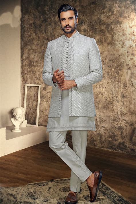 Awesome Grey Designer Indo Western Nawabi Style Sherwani For Engagement