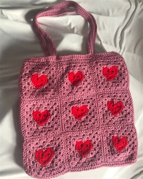 Handmade Heart Granny Square Crochet Tote Bag W Lining Etsy