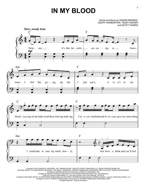 Shawn Mendes "In My Blood" Sheet Music Notes | Download Printable PDF ...