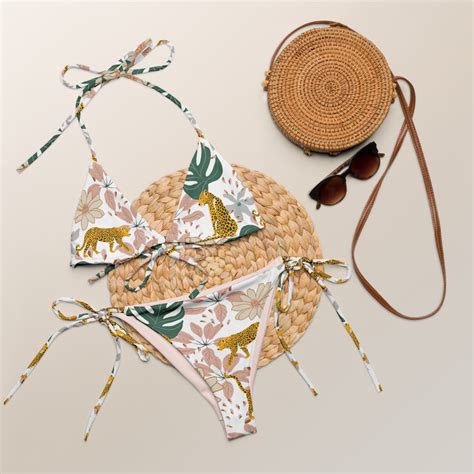 TROPICAL JUNGLE Recycled String Bikini With Palm Leaves And Leopard Print Jaguar Swimsuit