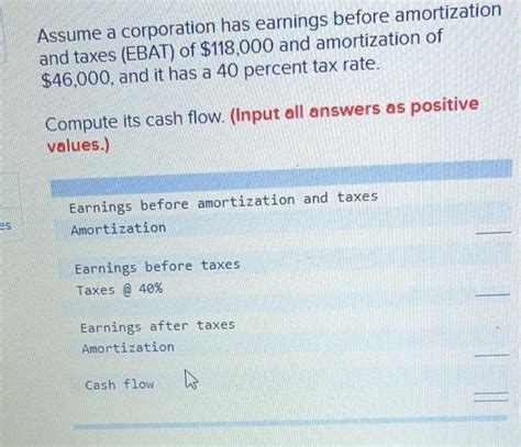 Solved Assume A Corporation Has Earnings Before Amortization Chegg