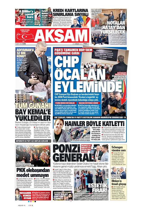 Akşam Gazetesi 9 Şubat 2024 Cuma Günü Manşeti