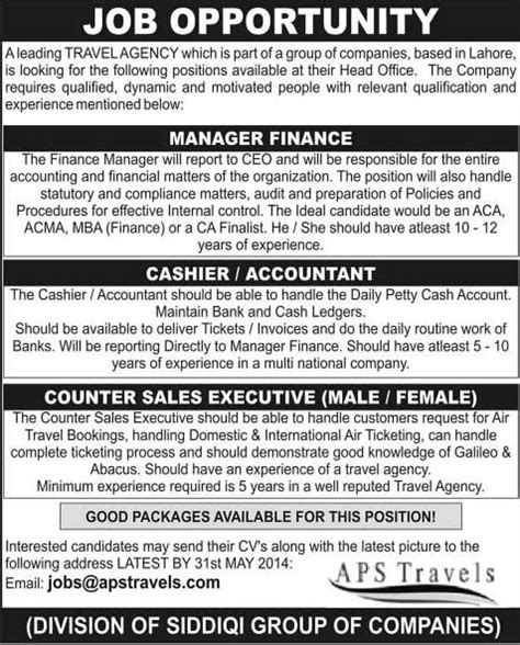 Finance Manager, Cashier / Accountant & Sales Executive Jobs in Lahore 2014 June at APS Travels ...