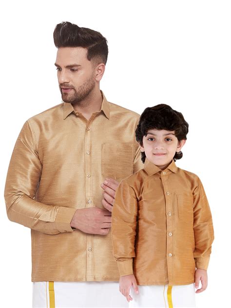 Vastramay Mens And Boys Rose Gold Solid Silk Blend Full Sleeve Ethnic S