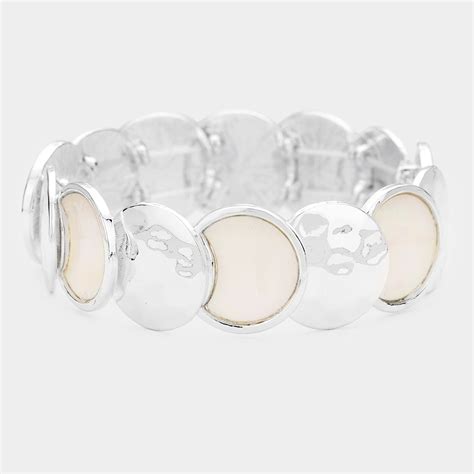 Hammered Metal Mother Of Pearl Stretch Bracelet