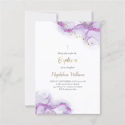 Purple Ink And FAUX Glitter Baptism Invitation Zazzle