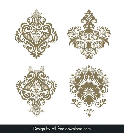 Damask Ornamental Elements Sets Symmetric Floral Shapes Vectors Graphic