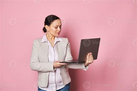 Confident Middle Aged Brunette Woman Programmer Business Owner Sales