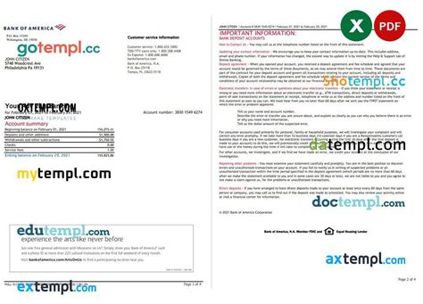 Usa Bank Of America Banking Statement Template In Excel And Pdf Format 4 Pages Version 3 By