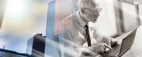 Mature Businessman Working On Laptop Black And White Multiple Stock