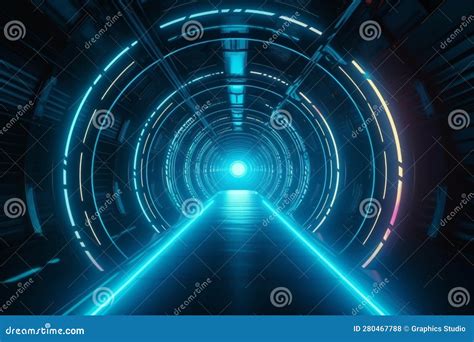 Futuristic Scifi Tunnel Corridor With Glowing Lights 3D Rendering