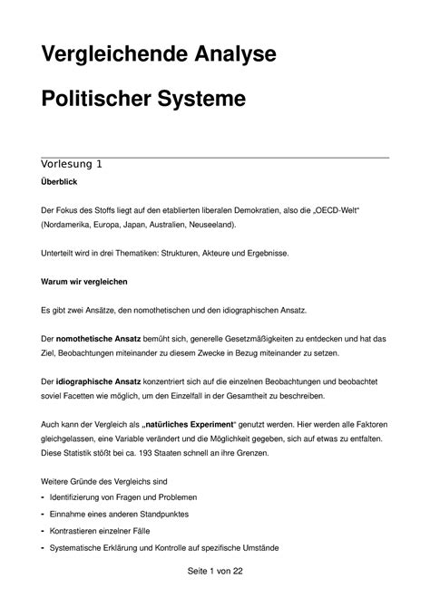 Analyse Skript Vergleichende Analyse Politischer Systeme Vorlesung 1