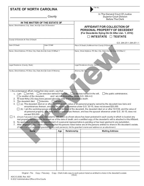 North Carolina Small Estate Affidavit For Collection Of Personal