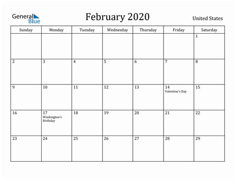 February 2020 Monthly Calendar With United States Holidays