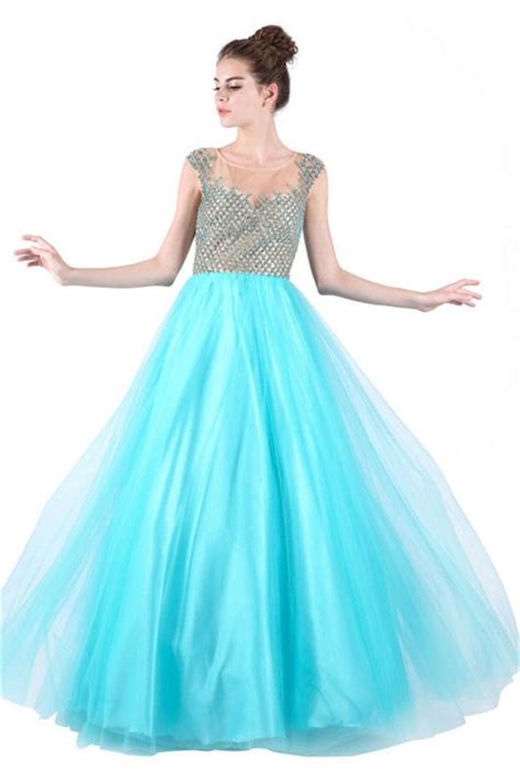 A Line Illusion Neckline Cap Sleeve Long Aqua Tulle Beaded Prom Dress