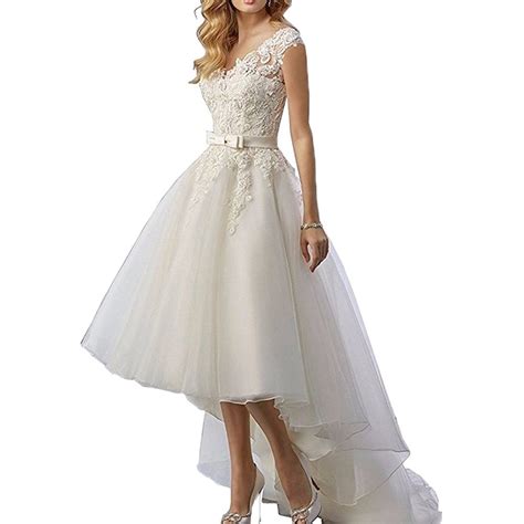 Liyuke Elegant High Low Beach Wedding Dresses Lace Appliques Bridal