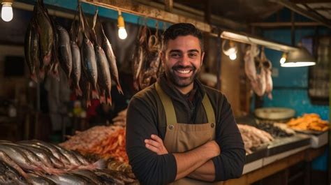 Premium Photo Friendly Fish Vendor With Catch Rustic Stall Marine Array