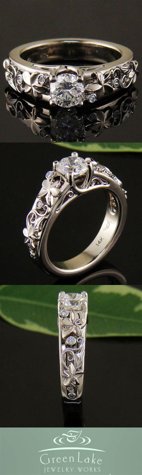 Custom K White Gold Plumeria Ring With Diamond Center Stone Jewelry