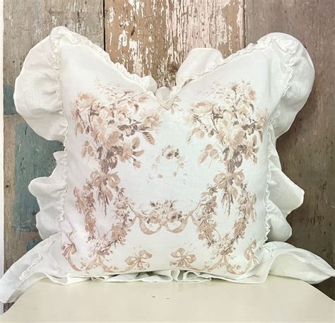 Antique Floral Ruffle Pillow Cover Cottage Chic Linen Cushion Shabby