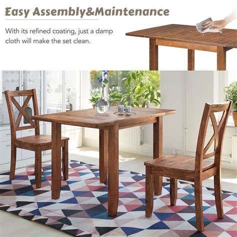 3 Piece Wood Drop Leaf Breakfast Nook Dining Table Set With 2 X Back Chairs For Small Places