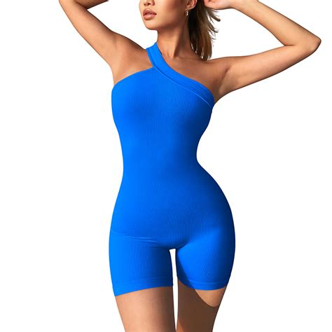 Womens Yoga Rompers One Piece Ribbed Spaghetti Strap Exercise Romper