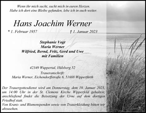 Traueranzeigen Von Hans Joachim Werner Wirtrauern