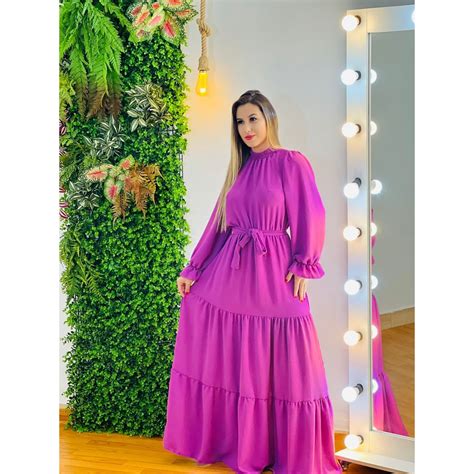 Vestido Longo Gola Alta Manga Longa Cinto Design Moderno Shopee