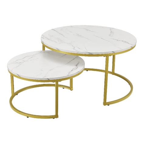 Set De 2 Tables Basses Rondes Gigognes Effet Marbre Blanc DorÉ 03