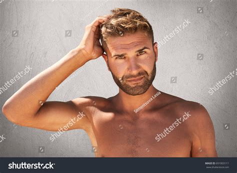 Unshaven Naked Sportsman Dark Eyes Stylish Stock Photo