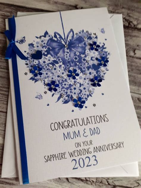 Handmade Sapphire Wedding Anniversary Card 45th Anniversary Card 65