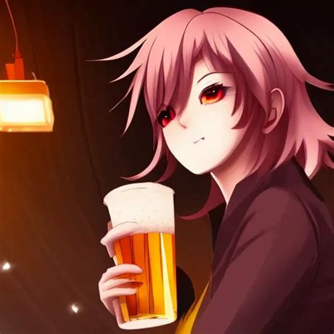 Masculine Looking Anime Girl At A Bar Drinking A Beer Stable