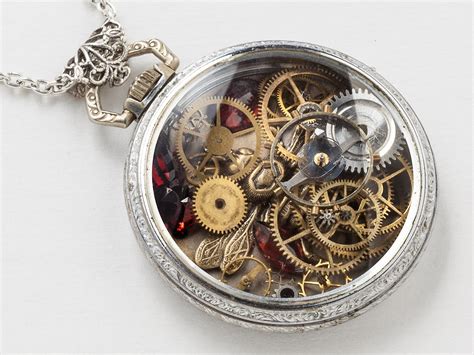 Steampunk Necklace Antique Silver Pocket Watch Movement Case With Gears