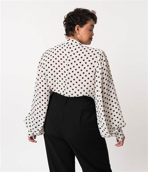 Unique Vintage Plus Size White And Black Polka Dot Neck Tie Gwen Blouse