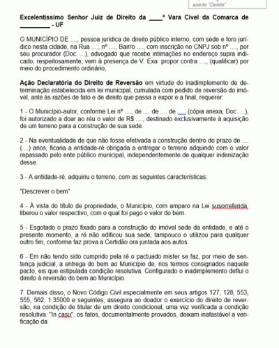 Termo Padr O De Peti O A O Declarat Ria Do Direito De Revers O