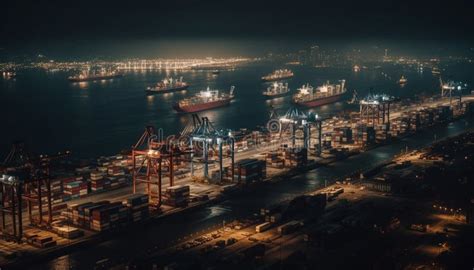 Container Ship Unloading Cargo At Illuminated Commercial Dock At Dusk