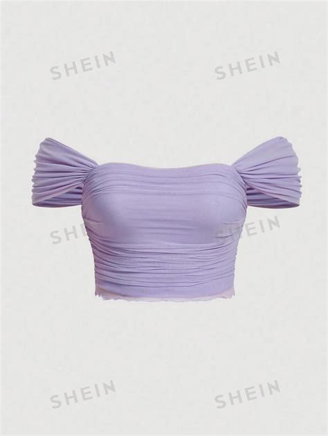 Shein Mod Plus Off Shoulder Ruched Mesh Top Shein Usa