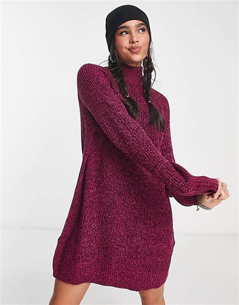 Noisy May Exclusive High Neck Mini Knitted Jumper Dress In Purple Asos