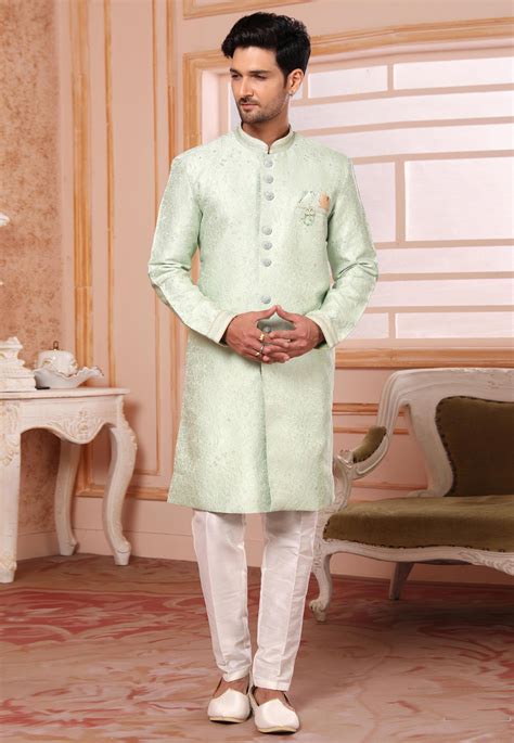 Pista Green Jacquard Silk Indo Western Suit