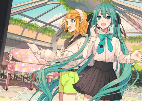 2girls Aqua Eyes Aqua Hair Blonde Hair Blue Eyes Hatsune Miku Ikushima