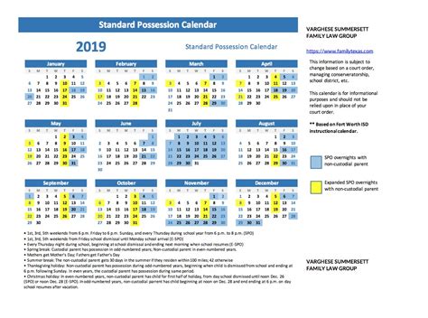 Standard Possession Order Calendar